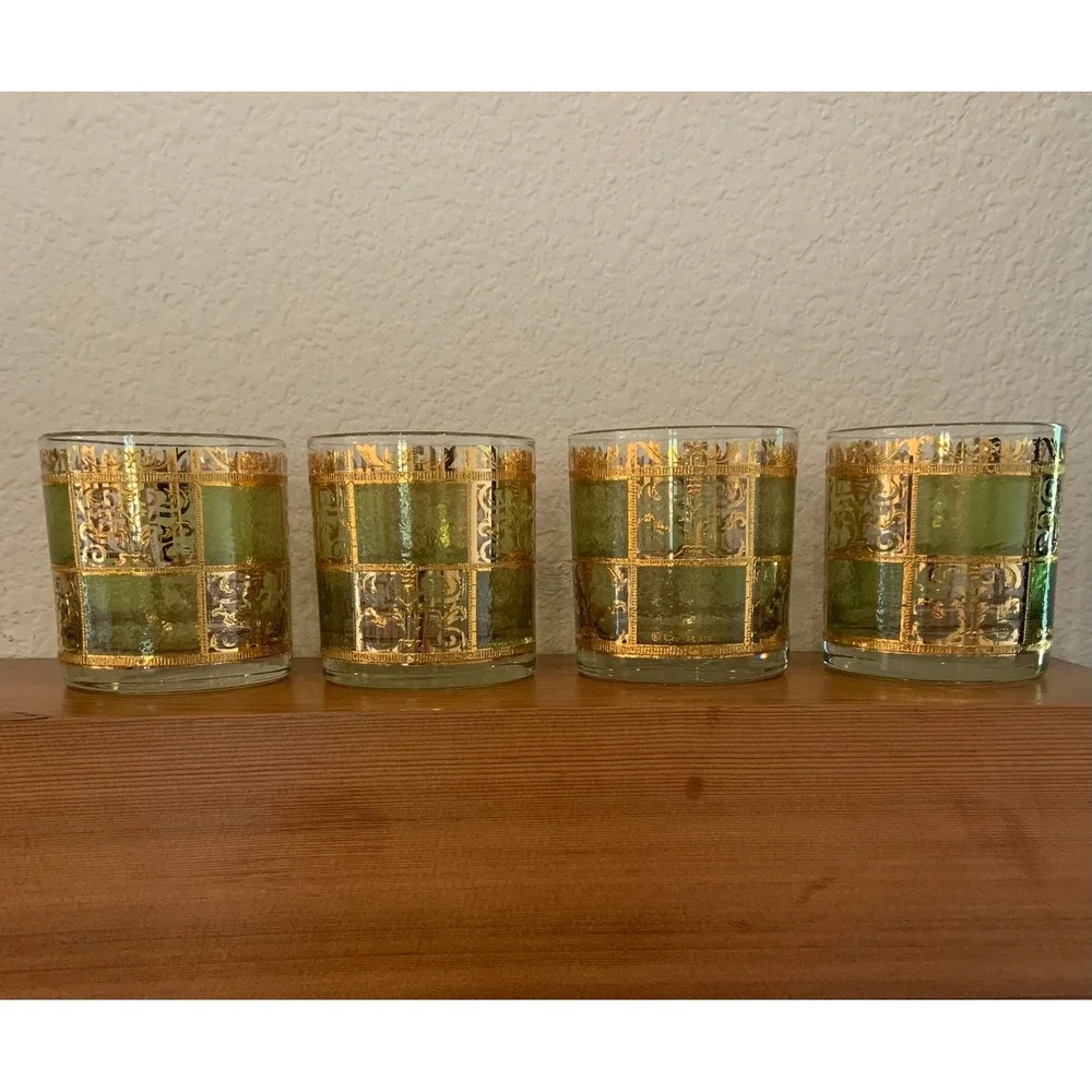 Vtg 60s Culver Prado Green & Gold 22 k Lowball Glasses (4) and Ice Bucket Set